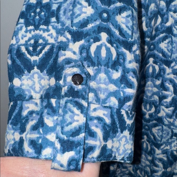 Cathy Petite Linen Button Down Top Blouse Blue Boho Print Women’s P Large - Picture 4 of 9